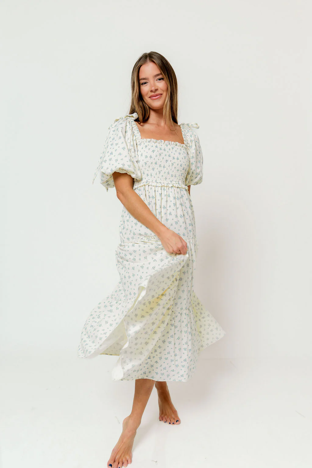 Elena Midi Dress in Cream/Blue Tiny Floral - Bump Friendly & Inclusive Sizing