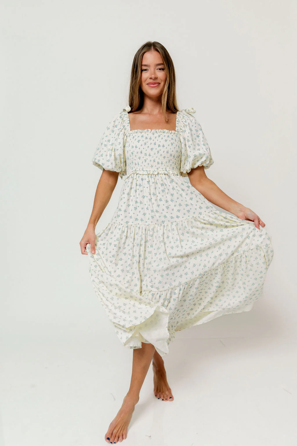 Elena Midi Dress in Cream/Blue Tiny Floral - Bump Friendly & Inclusive Sizing - Image 2