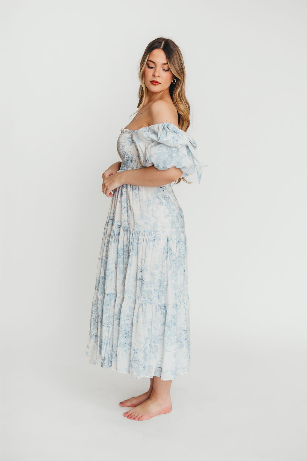 Elena Floral Print Smocked Midi Dress in Blue - Bump Friendly & Inclusive Sizing *7/20 PRE-ORDER* - Image 10