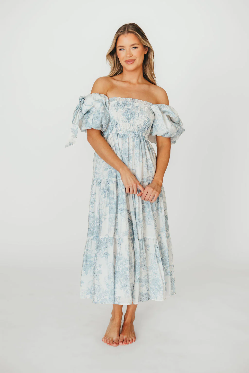 Elena Floral Print Smocked Midi Dress in Blue - Bump Friendly & Inclusive Sizing *7/20 PRE-ORDER* - Image 14