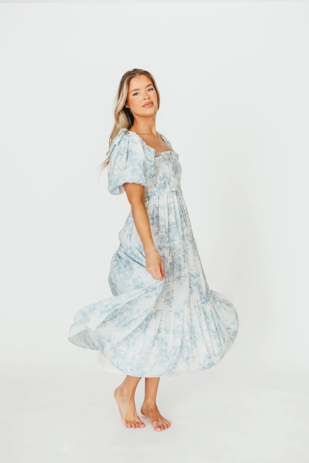 Elena Floral Print Smocked Midi Dress in Blue - Bump Friendly & Inclusive Sizing *7/20 PRE-ORDER* - Image 15