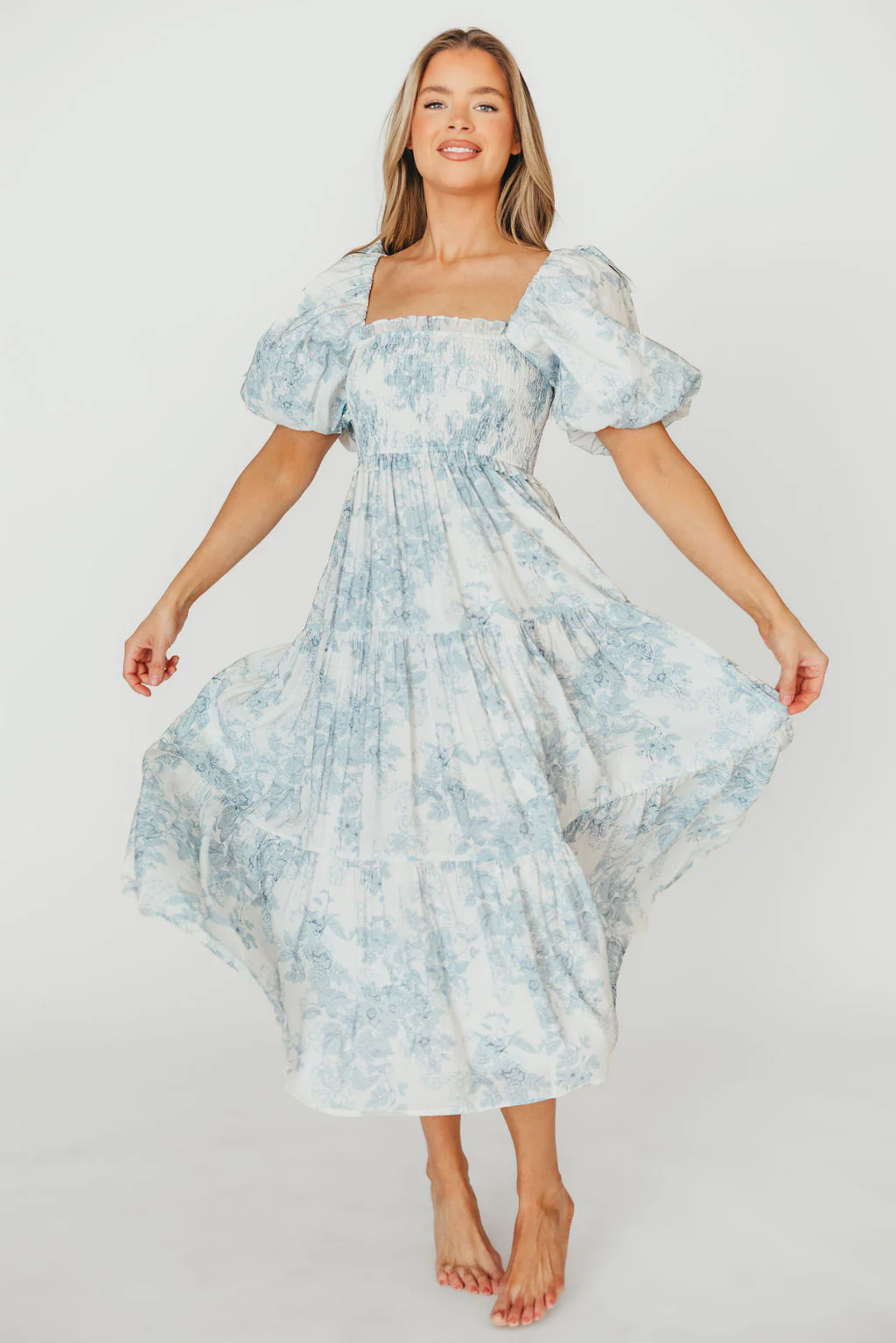 Elena Floral Print Smocked Midi Dress in Blue - Bump Friendly & Inclusive Sizing *7/20 PRE-ORDER* - Image 16