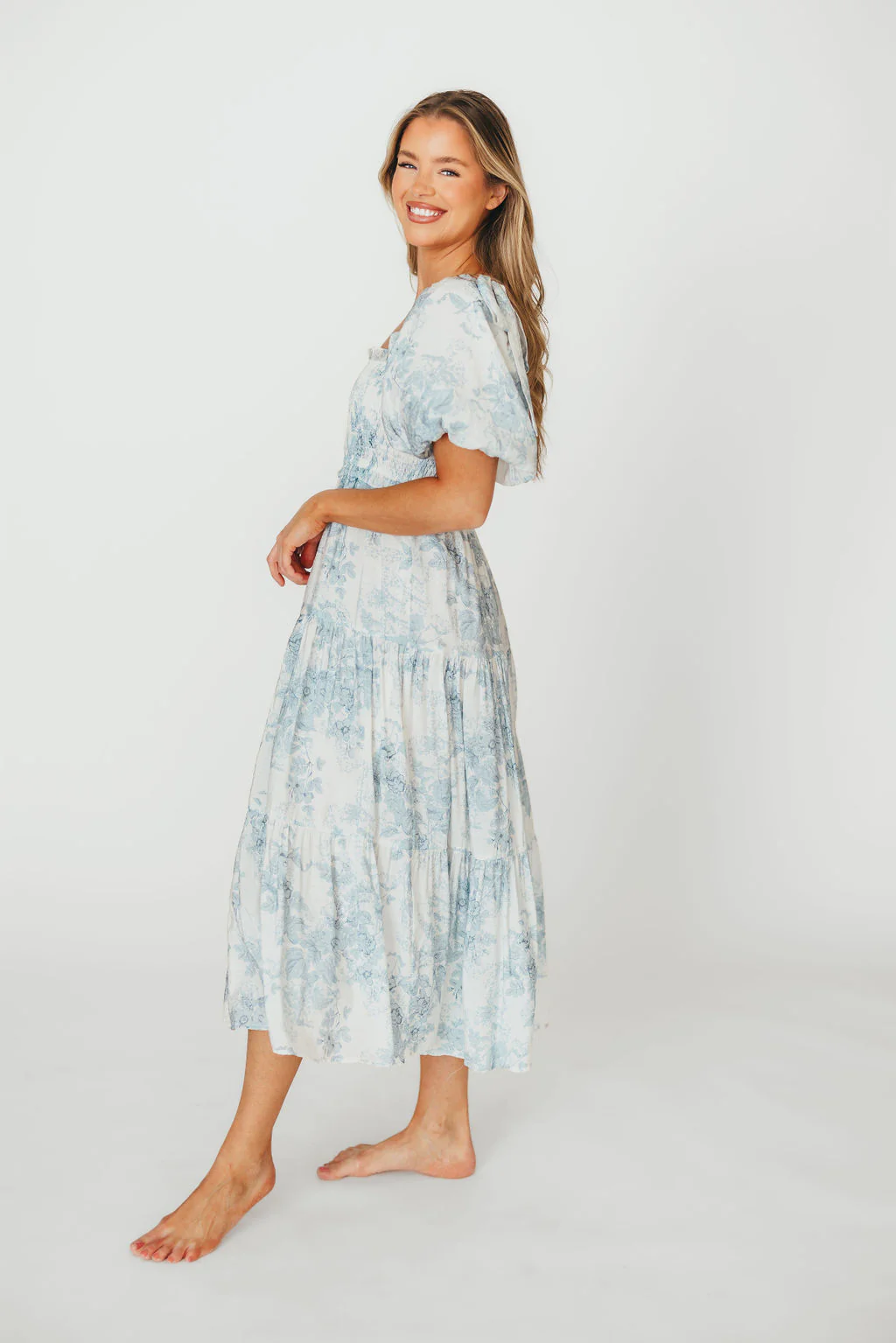 Elena Floral Print Smocked Midi Dress in Blue - Bump Friendly & Inclusive Sizing *7/20 PRE-ORDER* - Image 17