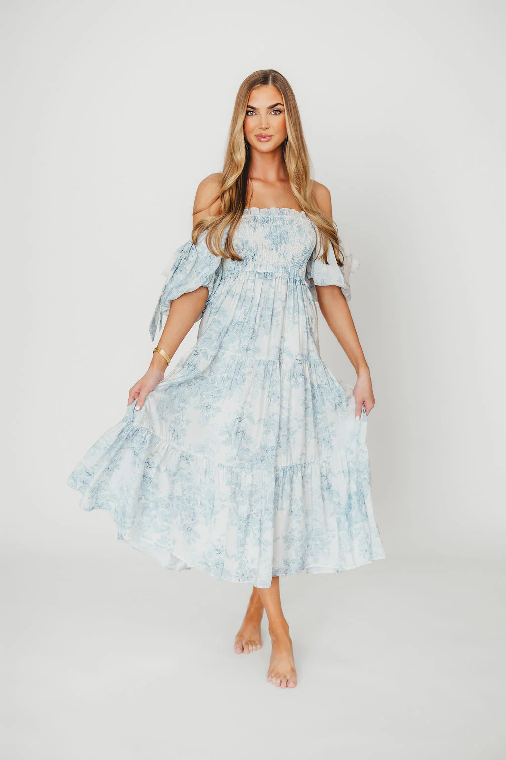 Elena Floral Print Smocked Midi Dress in Blue - Bump Friendly & Inclusive Sizing *7/20 PRE-ORDER* - Image 3