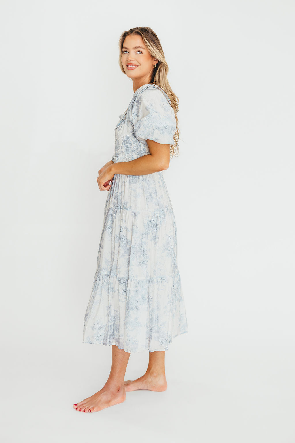 Elena Floral Print Smocked Midi Dress in Blue - Bump Friendly & Inclusive Sizing *7/20 PRE-ORDER* - Image 34