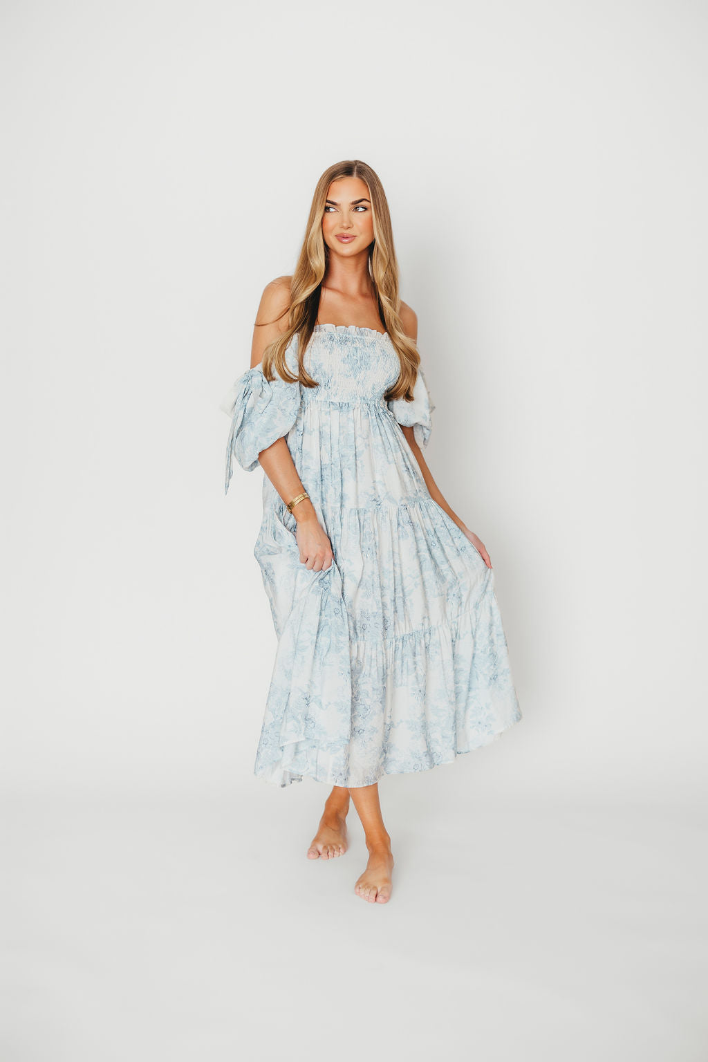 Elena Floral Print Smocked Midi Dress in Blue - Bump Friendly & Inclusive Sizing *7/20 PRE-ORDER* - Image 4
