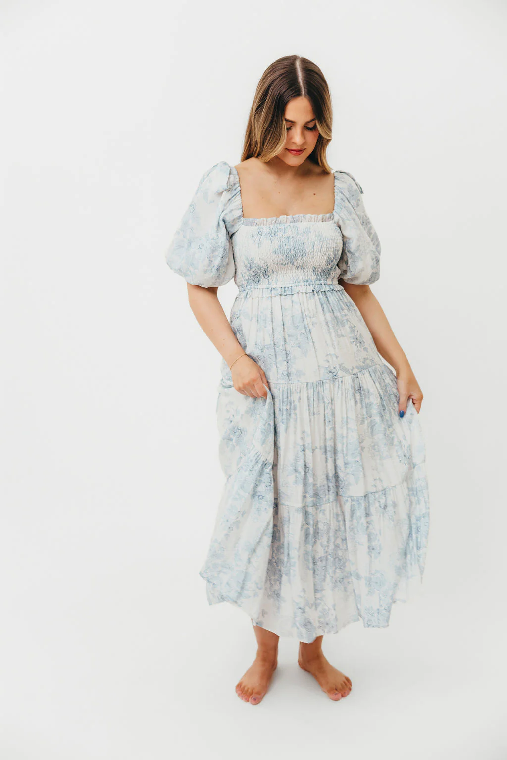 Elena Floral Print Smocked Midi Dress in Blue - Bump Friendly & Inclusive Sizing *7/20 PRE-ORDER* - Image 44