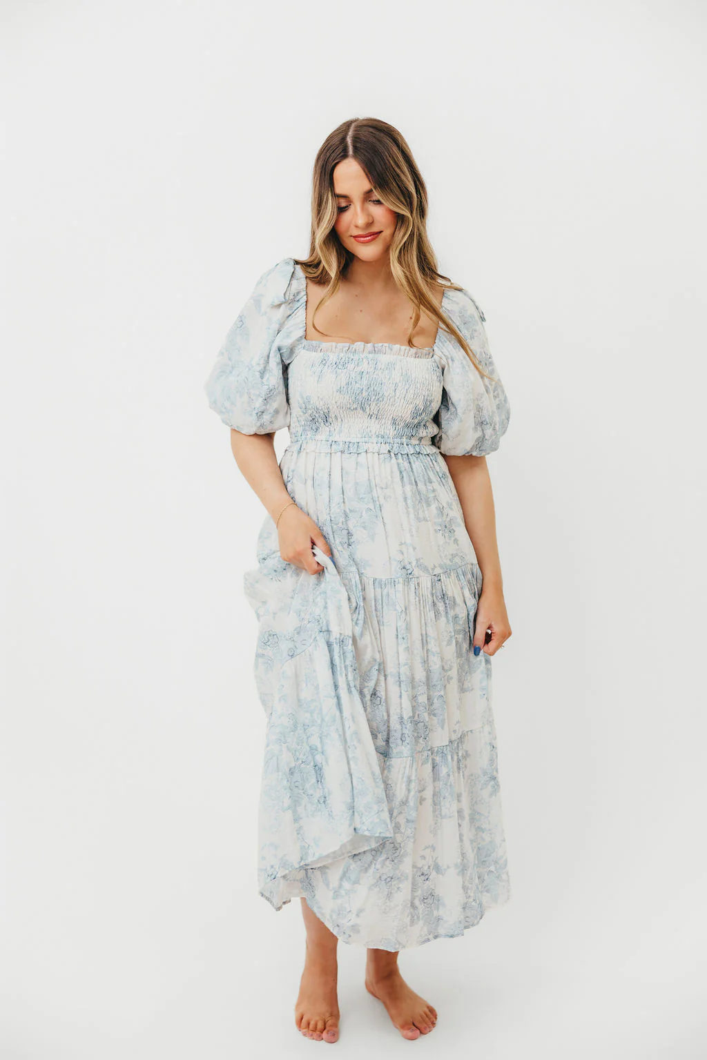 Elena Floral Print Smocked Midi Dress in Blue - Bump Friendly & Inclusive Sizing *7/20 PRE-ORDER* - Image 5