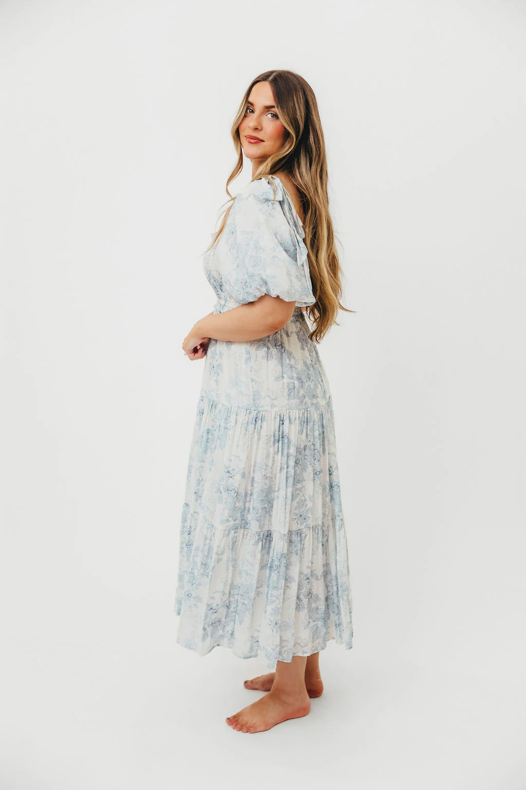 Elena Floral Print Smocked Midi Dress in Blue - Bump Friendly & Inclusive Sizing *7/20 PRE-ORDER* - Image 6