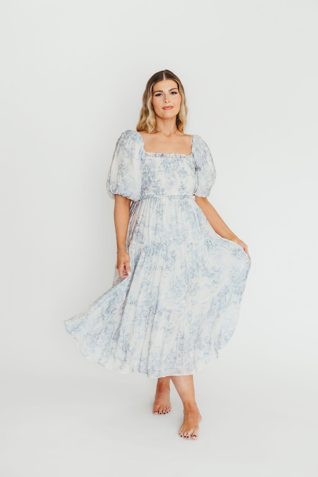 Elena Floral Print Smocked Midi Dress in Blue - Bump Friendly & Inclusive Sizing *7/20 PRE-ORDER* - Image 7