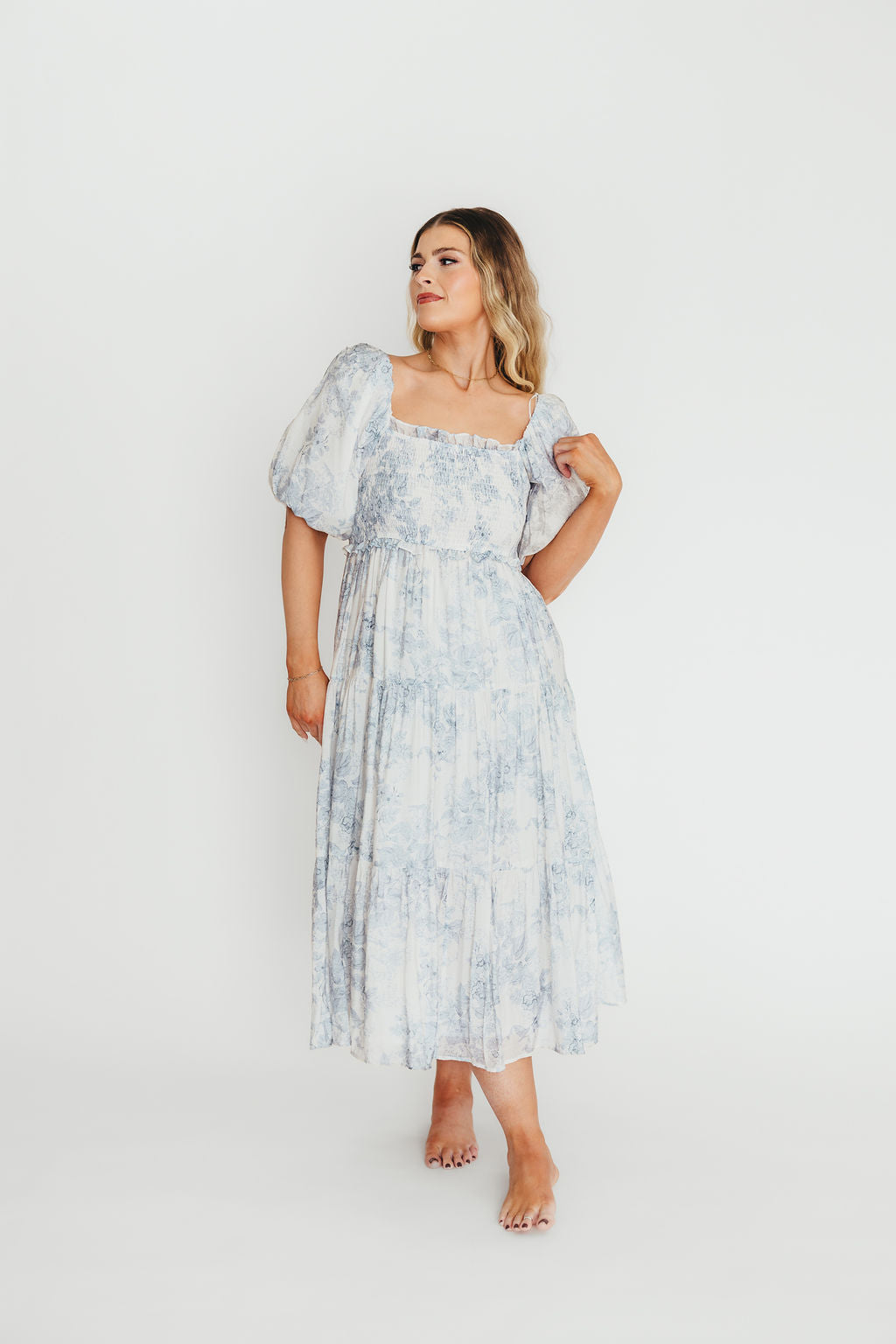 Elena Floral Print Smocked Midi Dress in Blue - Bump Friendly & Inclusive Sizing *7/20 PRE-ORDER* - Image 8