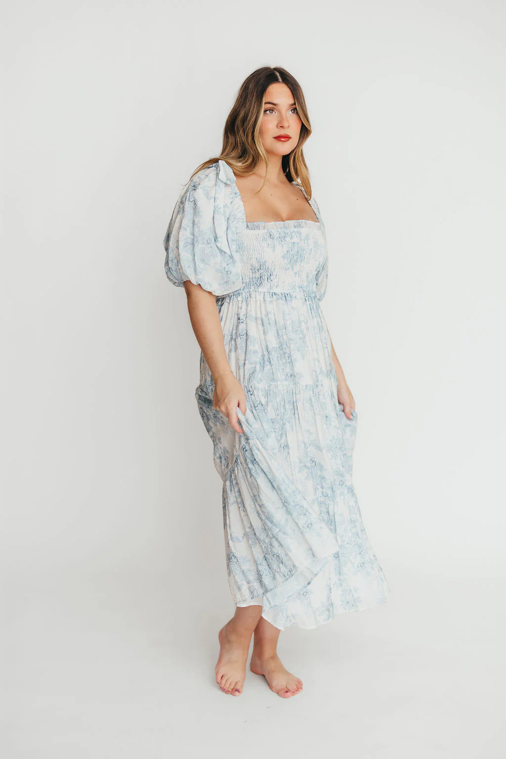 Elena Floral Print Smocked Midi Dress in Blue - Bump Friendly & Inclusive Sizing *7/20 PRE-ORDER* - Image 9