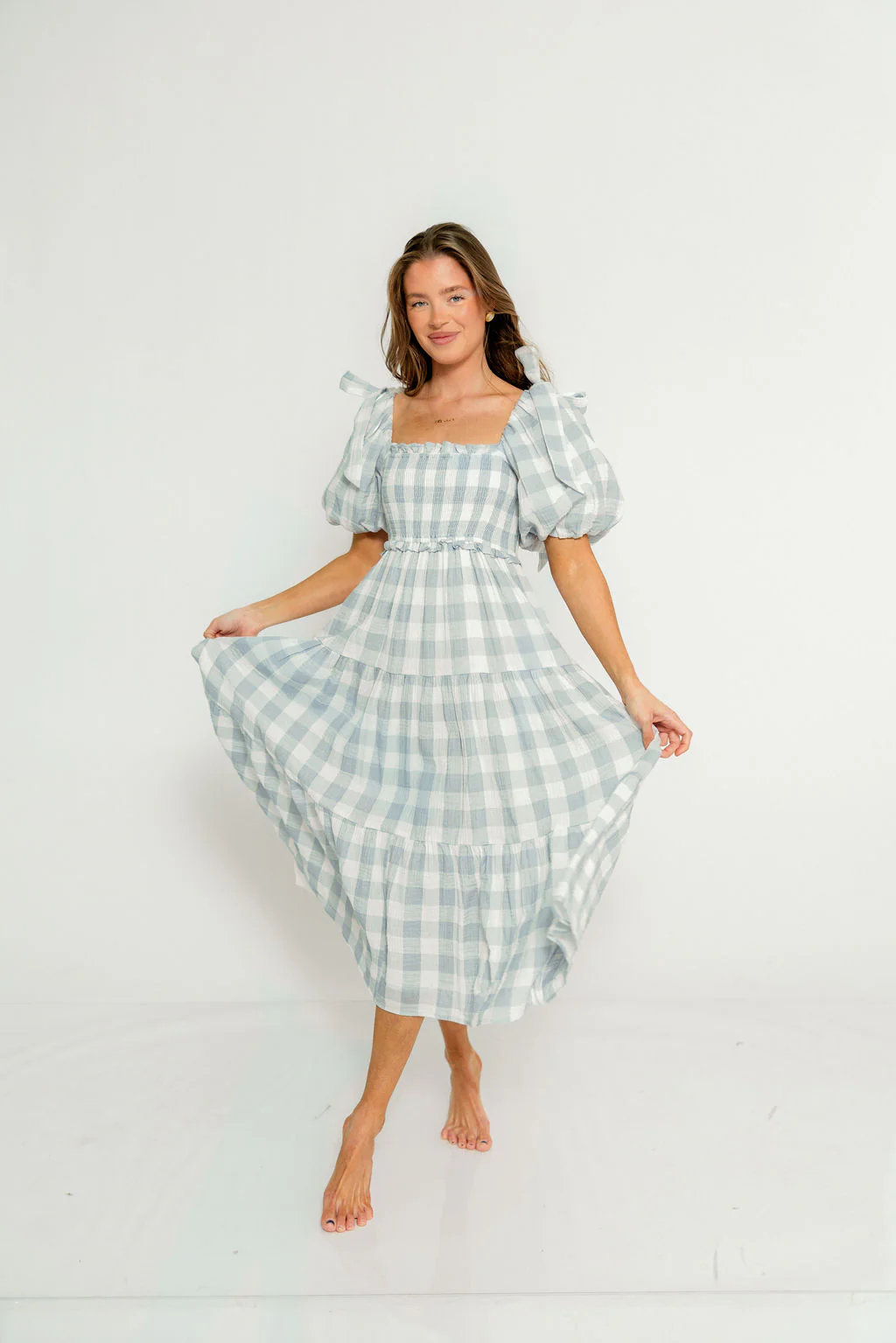 Elena 100% Cotton Gingham Midi Dress in Dusty Blue - Bump Friendly & Inclusive Sizing - Image 11