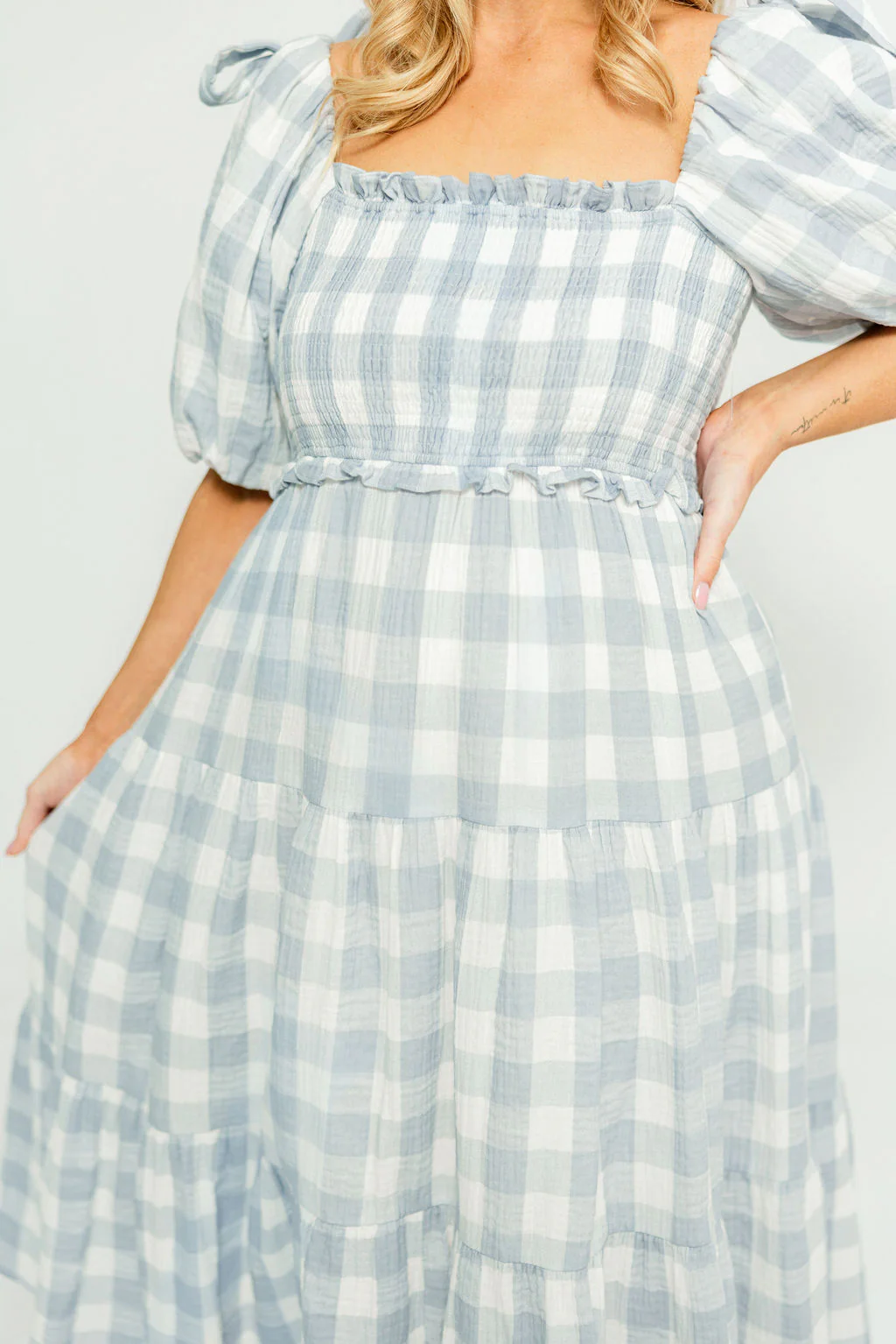 Elena 100% Cotton Gingham Midi Dress in Dusty Blue - Bump Friendly & Inclusive Sizing - Image 12