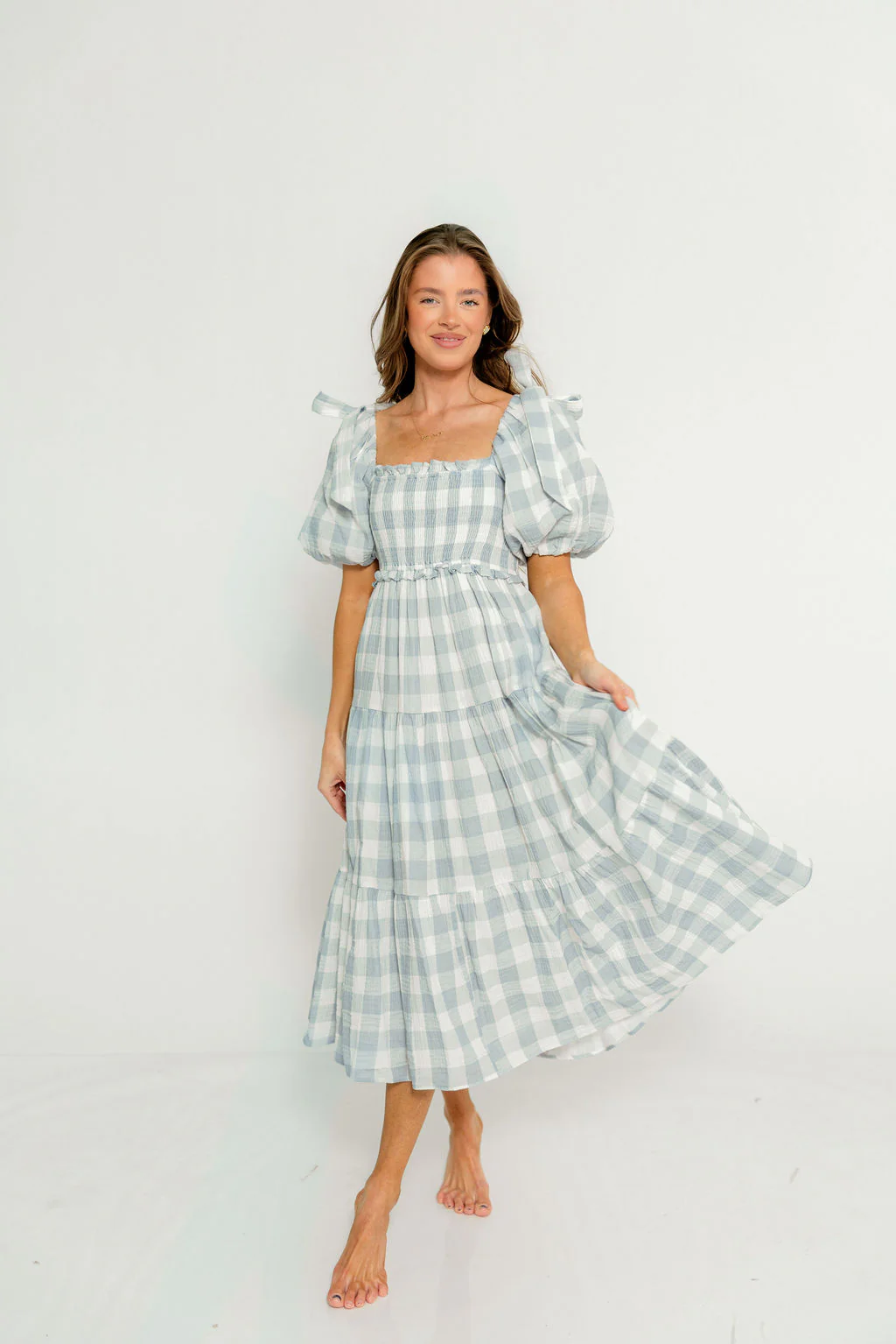 Elena 100% Cotton Gingham Midi Dress in Dusty Blue - Bump Friendly & Inclusive Sizing - Image 21