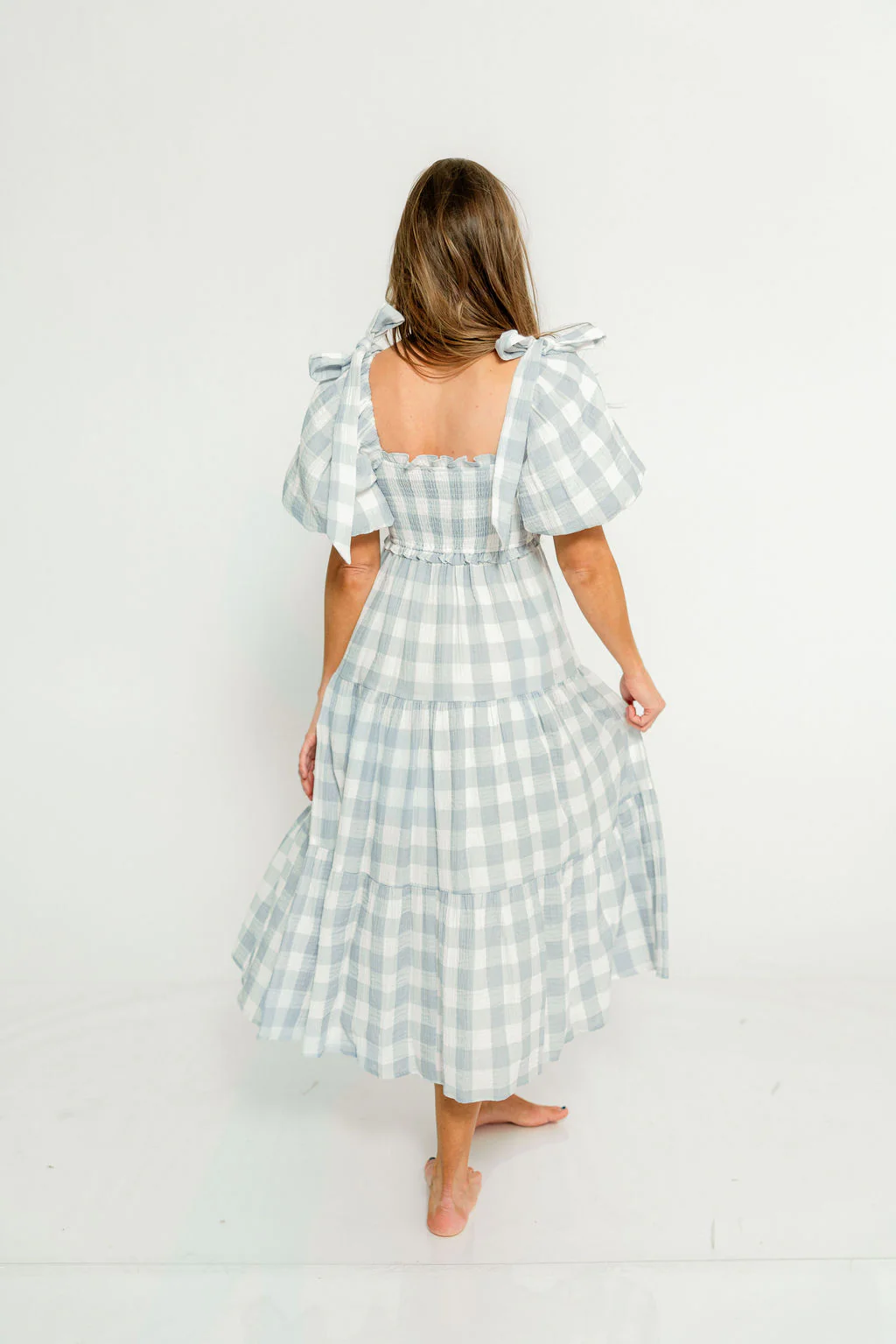 Elena 100% Cotton Gingham Midi Dress in Dusty Blue - Bump Friendly & Inclusive Sizing - Image 22