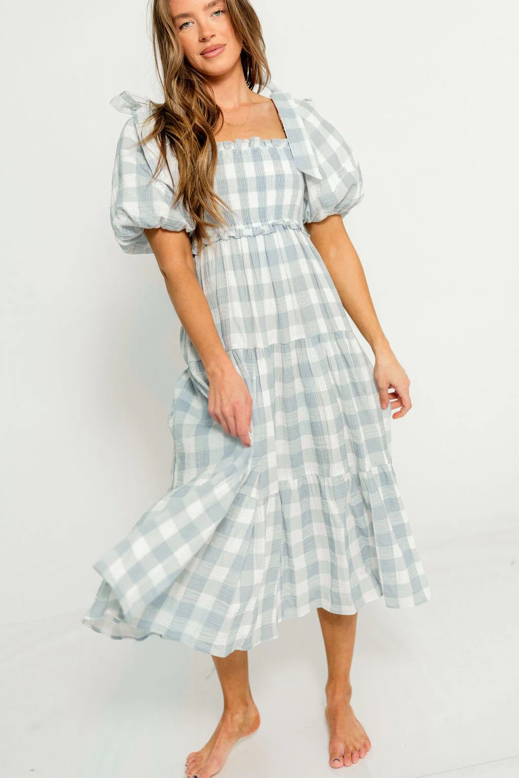 Elena 100% Cotton Gingham Midi Dress in Dusty Blue - Bump Friendly & Inclusive Sizing - Image 23
