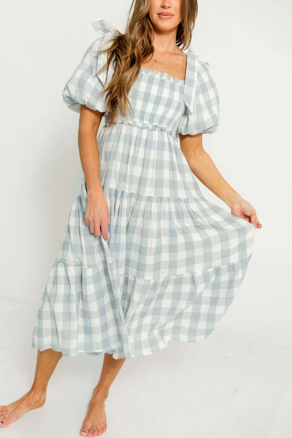 Elena 100% Cotton Gingham Midi Dress in Dusty Blue - Bump Friendly & Inclusive Sizing - Image 24
