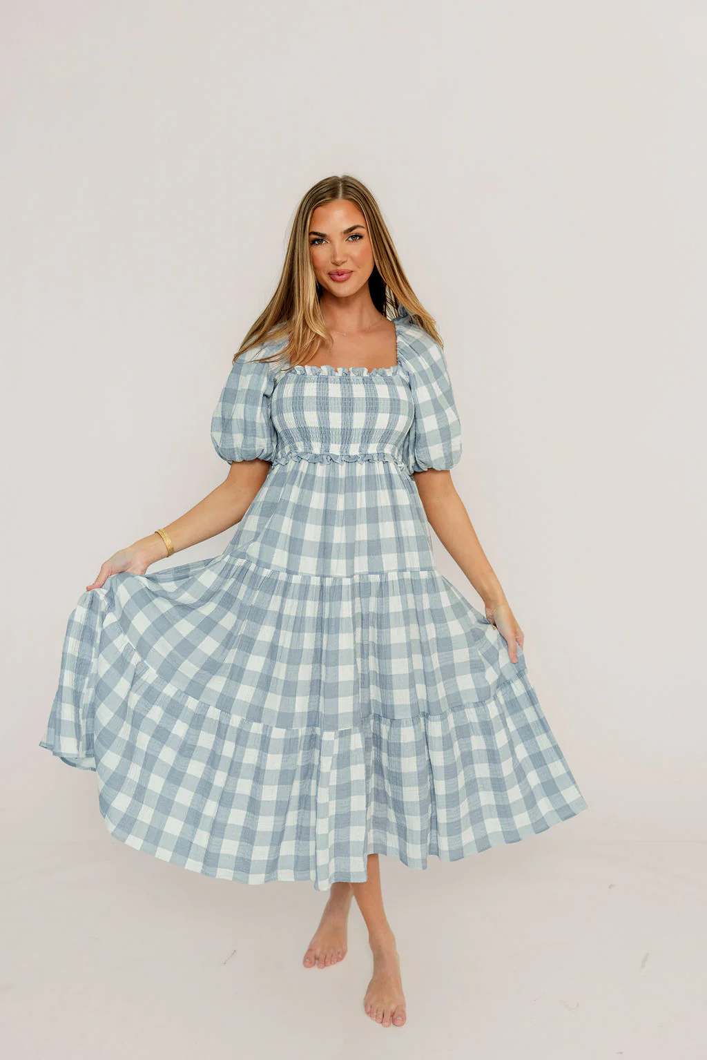 Elena 100% Cotton Gingham Midi Dress in Dusty Blue - Bump Friendly & Inclusive Sizing - Image 25