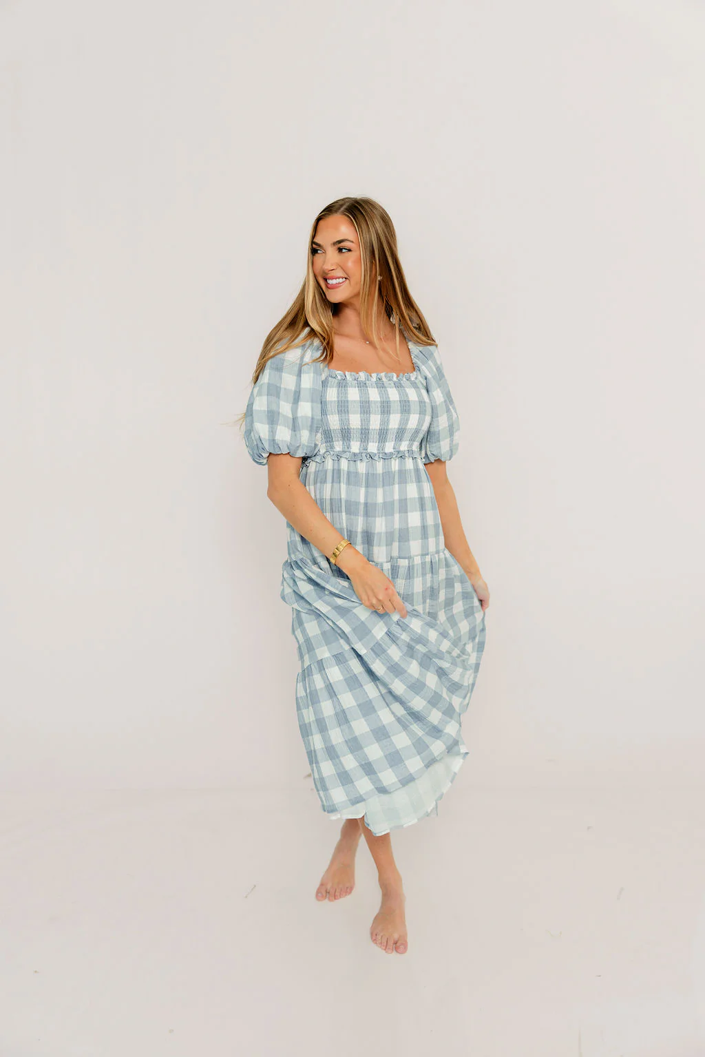 Elena 100% Cotton Gingham Midi Dress in Dusty Blue - Bump Friendly & Inclusive Sizing - Image 26