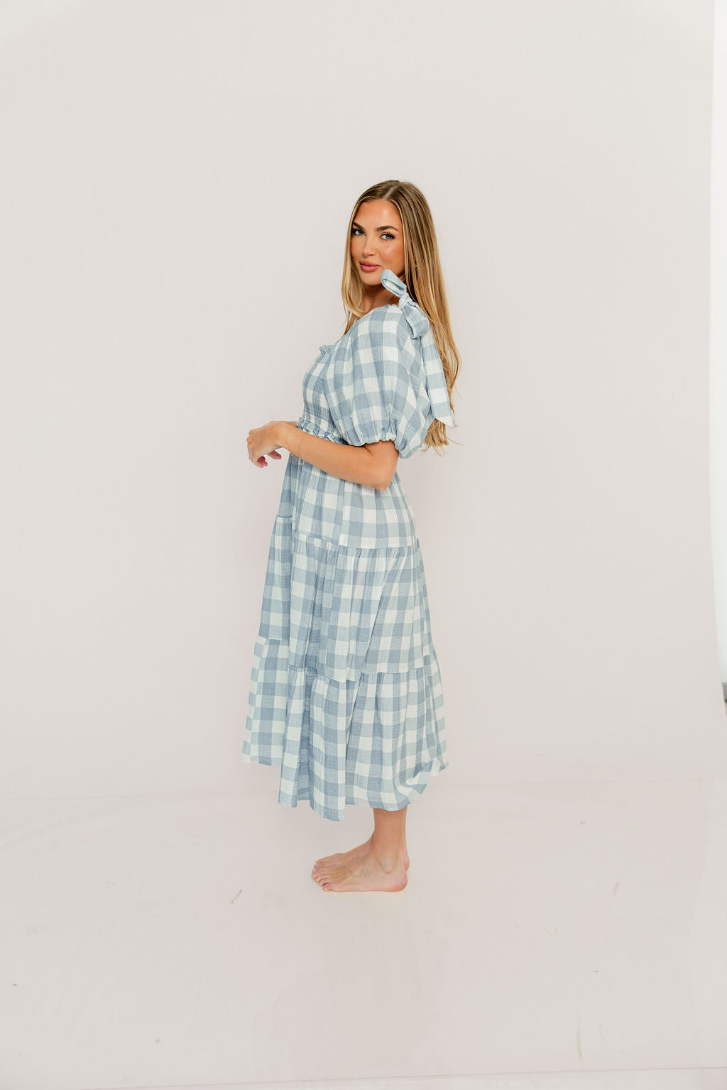Elena 100% Cotton Gingham Midi Dress in Dusty Blue - Bump Friendly & Inclusive Sizing - Image 27