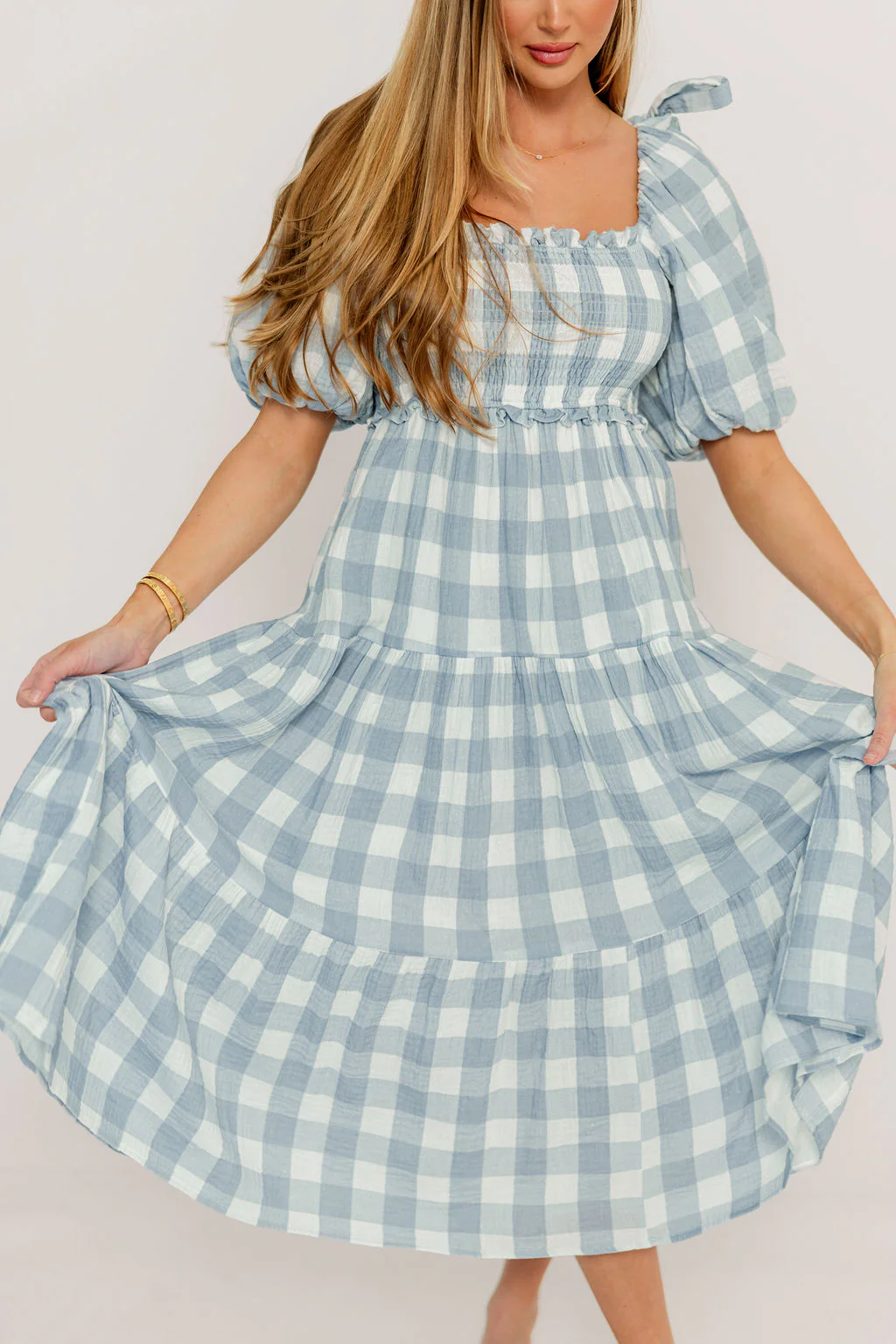 Elena 100% Cotton Gingham Midi Dress in Dusty Blue - Bump Friendly & Inclusive Sizing - Image 29