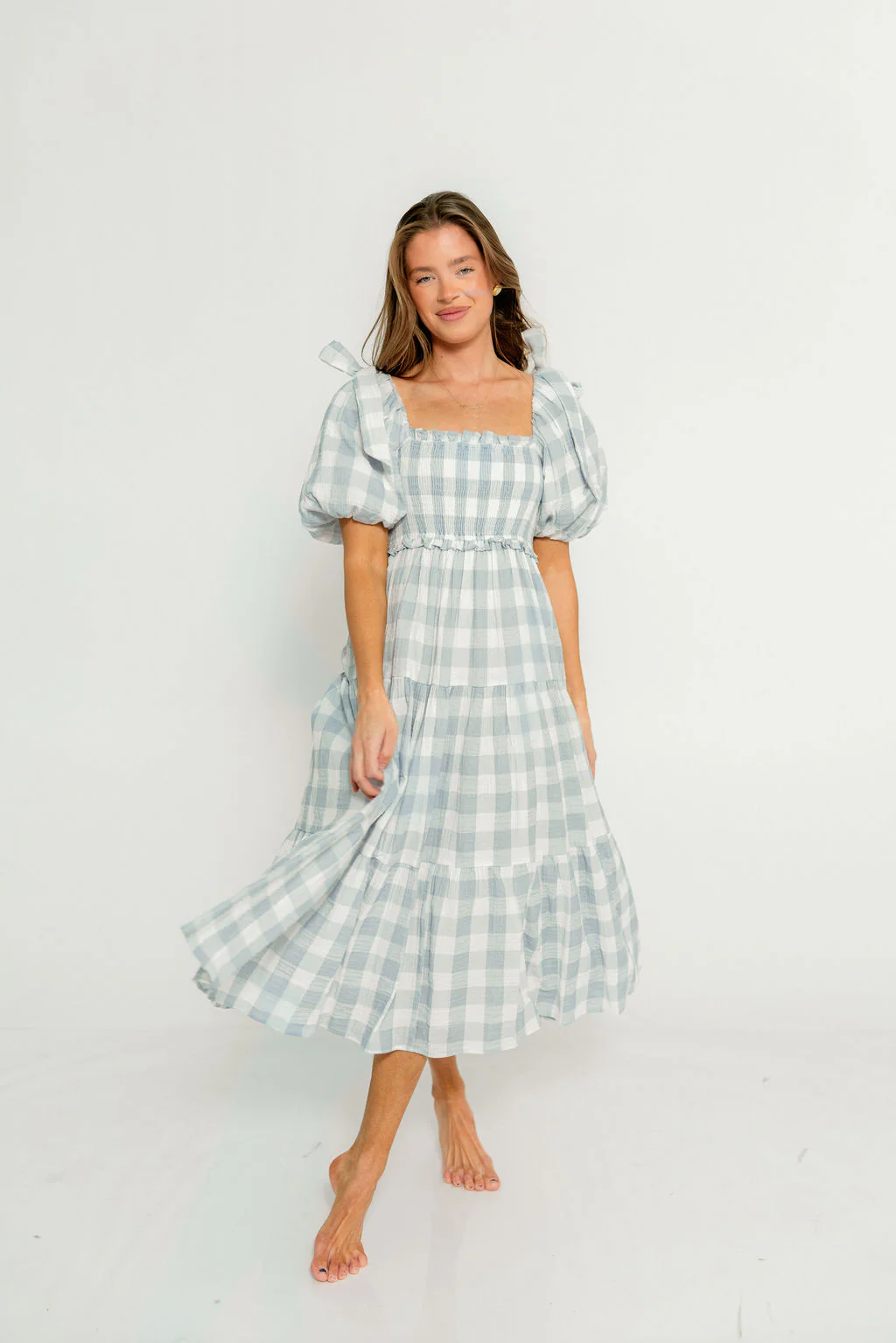 Elena 100% Cotton Gingham Midi Dress in Dusty Blue - Bump Friendly & Inclusive Sizing - Image 3