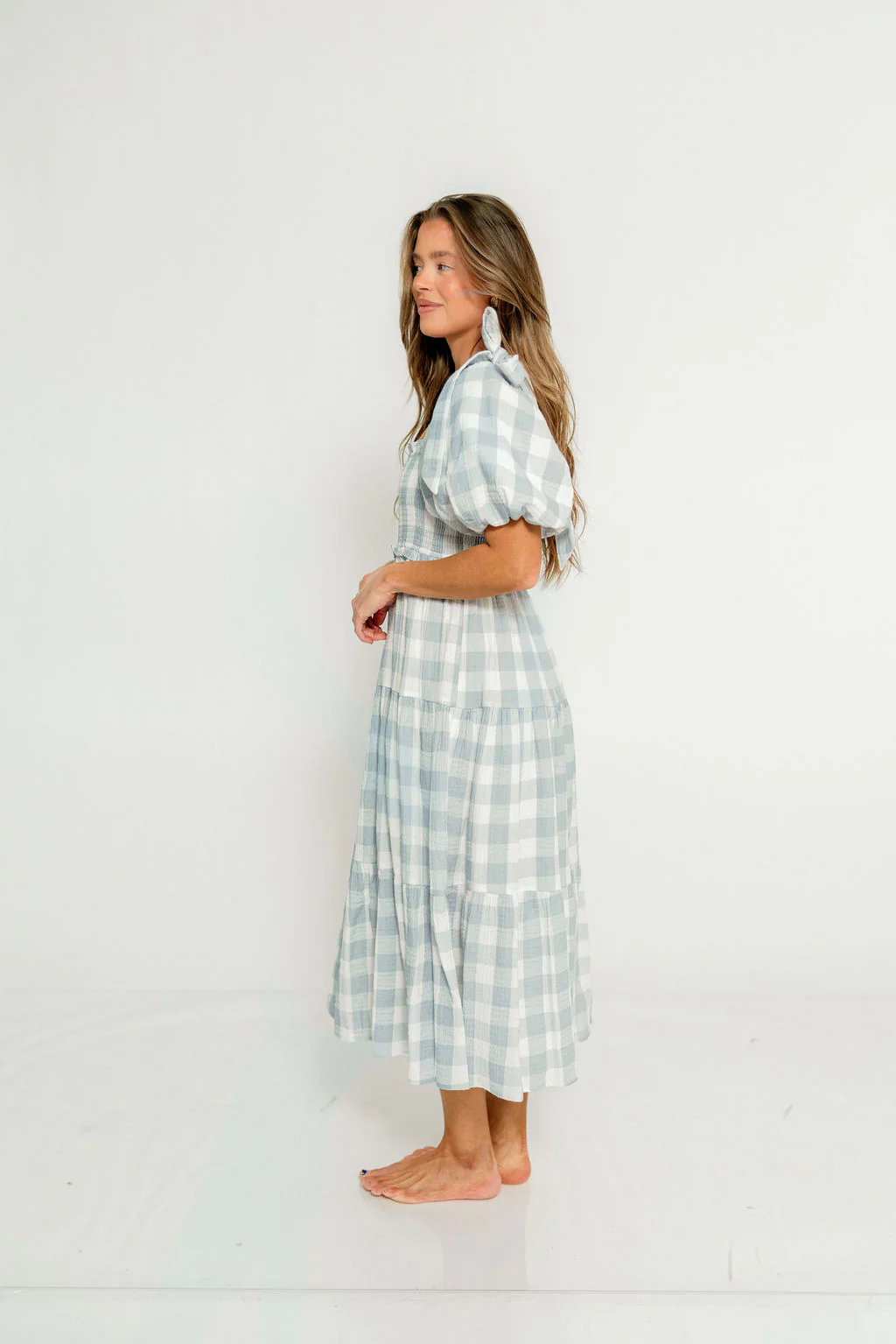 Elena 100% Cotton Gingham Midi Dress in Dusty Blue - Bump Friendly & Inclusive Sizing - Image 4