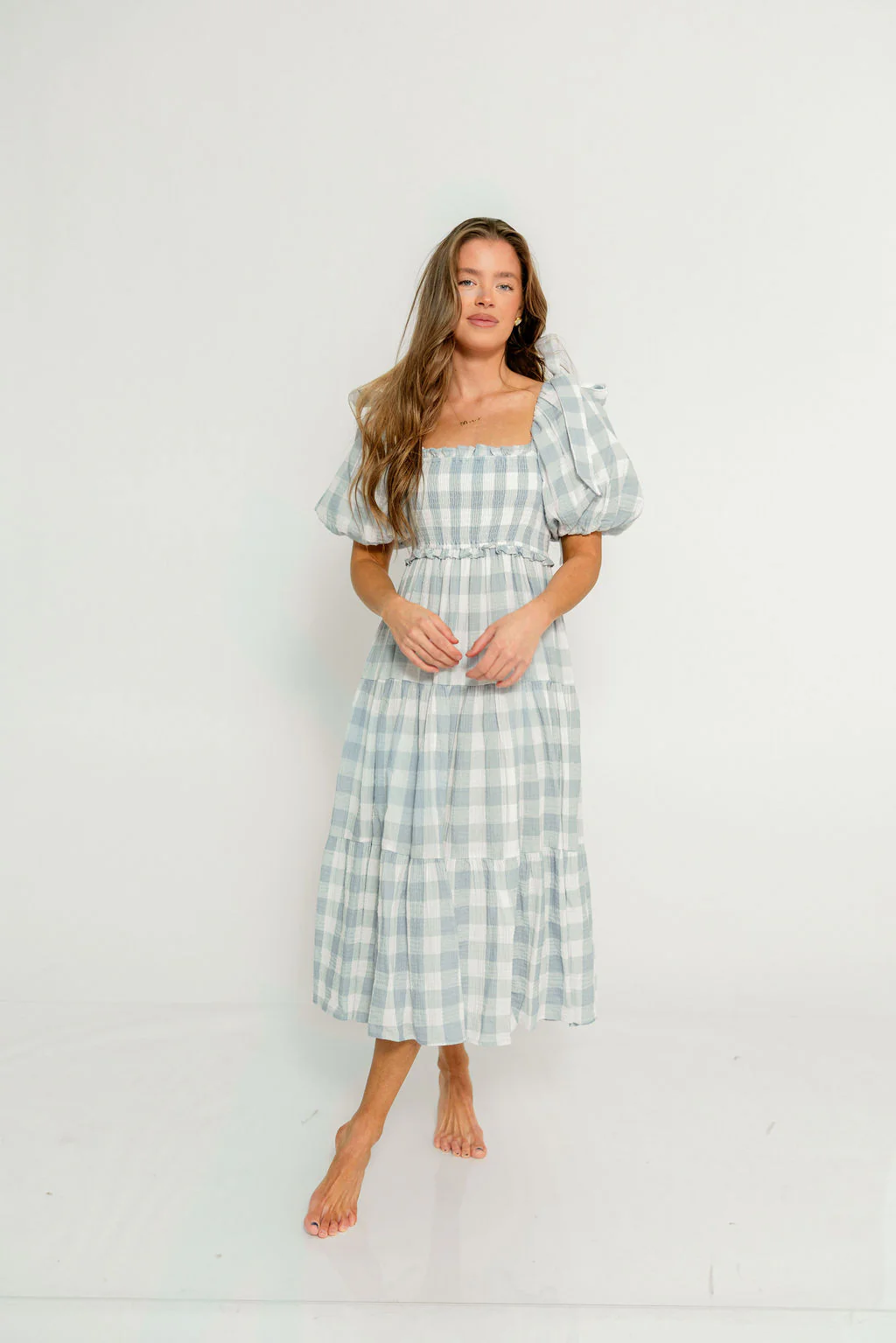 Elena 100% Cotton Gingham Midi Dress in Dusty Blue - Bump Friendly & Inclusive Sizing - Image 5