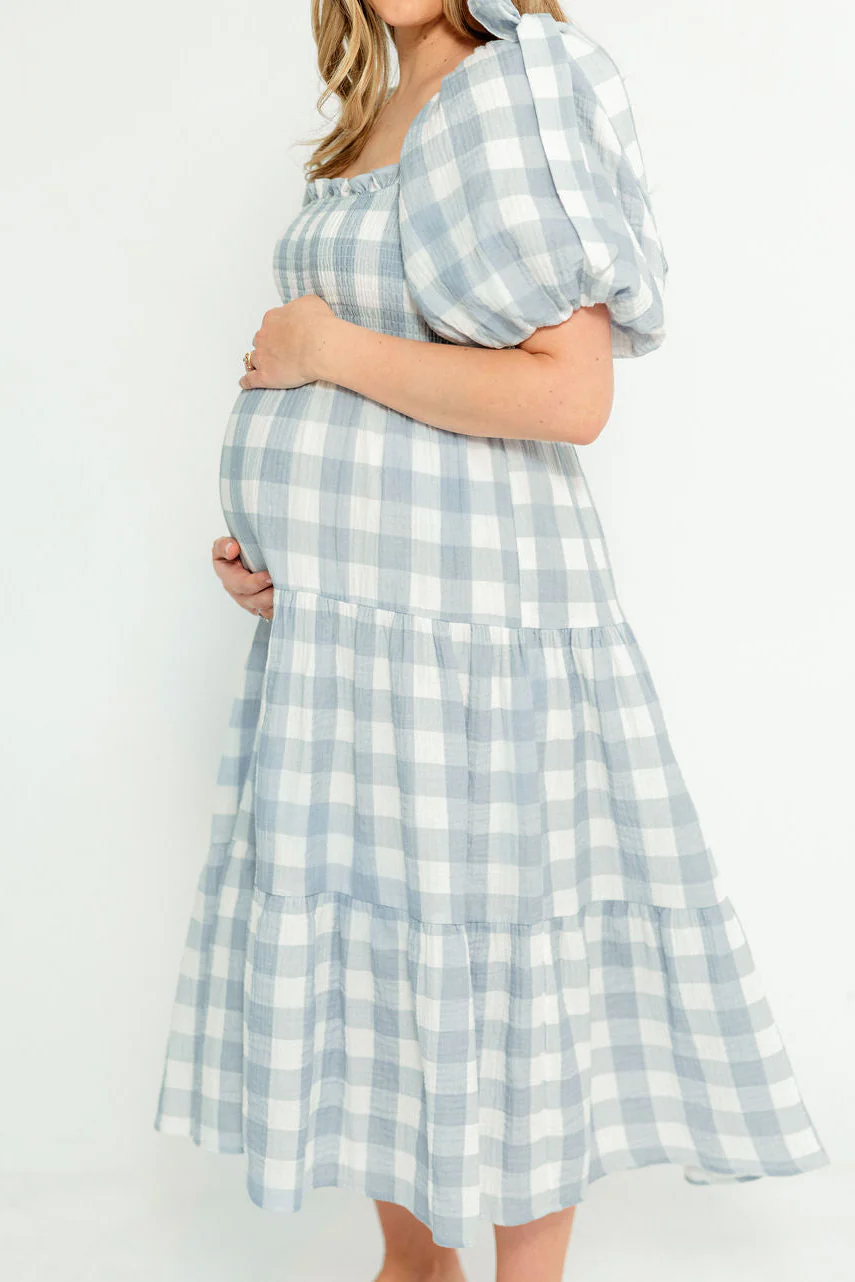 Elena 100% Cotton Gingham Midi Dress in Dusty Blue - Bump Friendly & Inclusive Sizing - Image 6