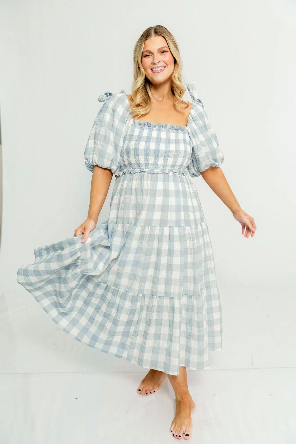 Elena 100% Cotton Gingham Midi Dress in Dusty Blue - Bump Friendly & Inclusive Sizing - Image 7