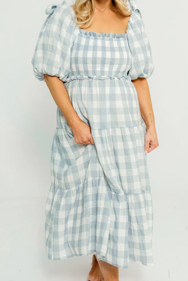 Elena 100% Cotton Gingham Midi Dress in Dusty Blue - Bump Friendly & Inclusive Sizing - Image 8