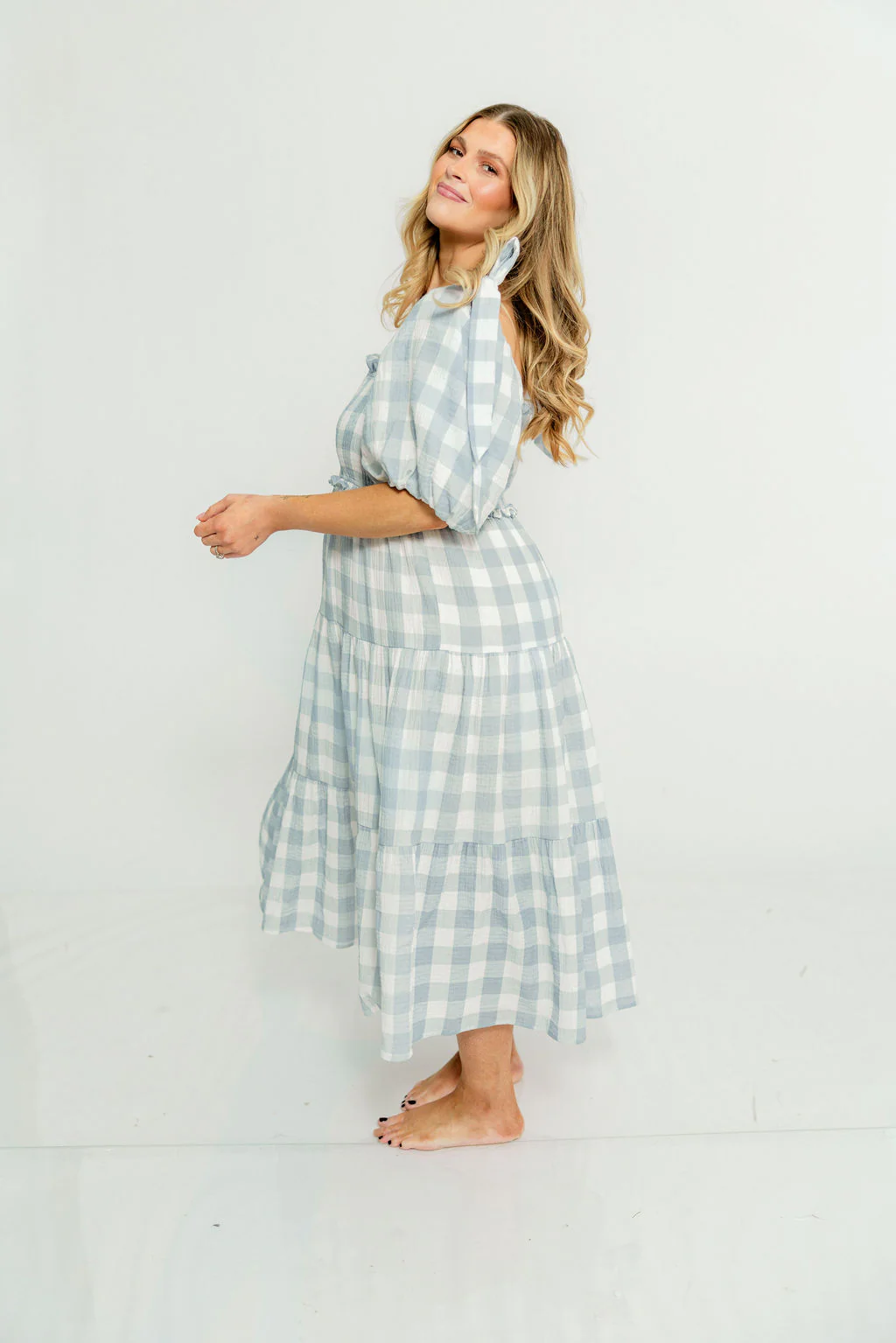 Elena 100% Cotton Gingham Midi Dress in Dusty Blue - Bump Friendly & Inclusive Sizing - Image 9