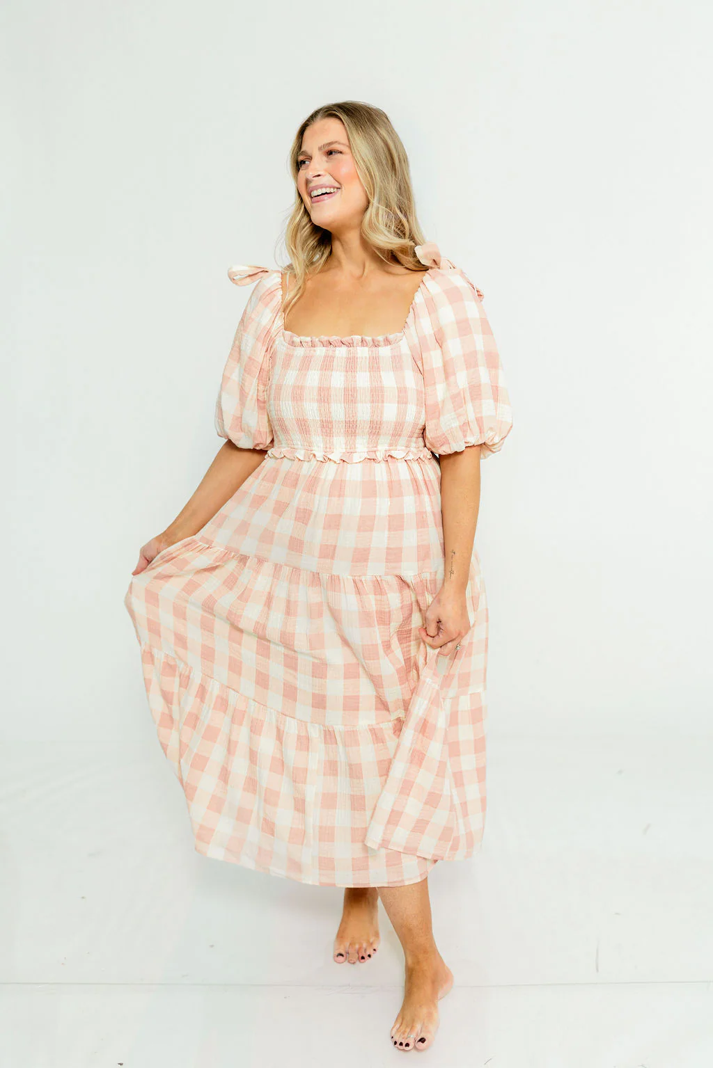 Elena 100% Cotton Gingham Midi Dress in Dusty Pink - Bump Friendly & Inclusive Sizing - Image 17