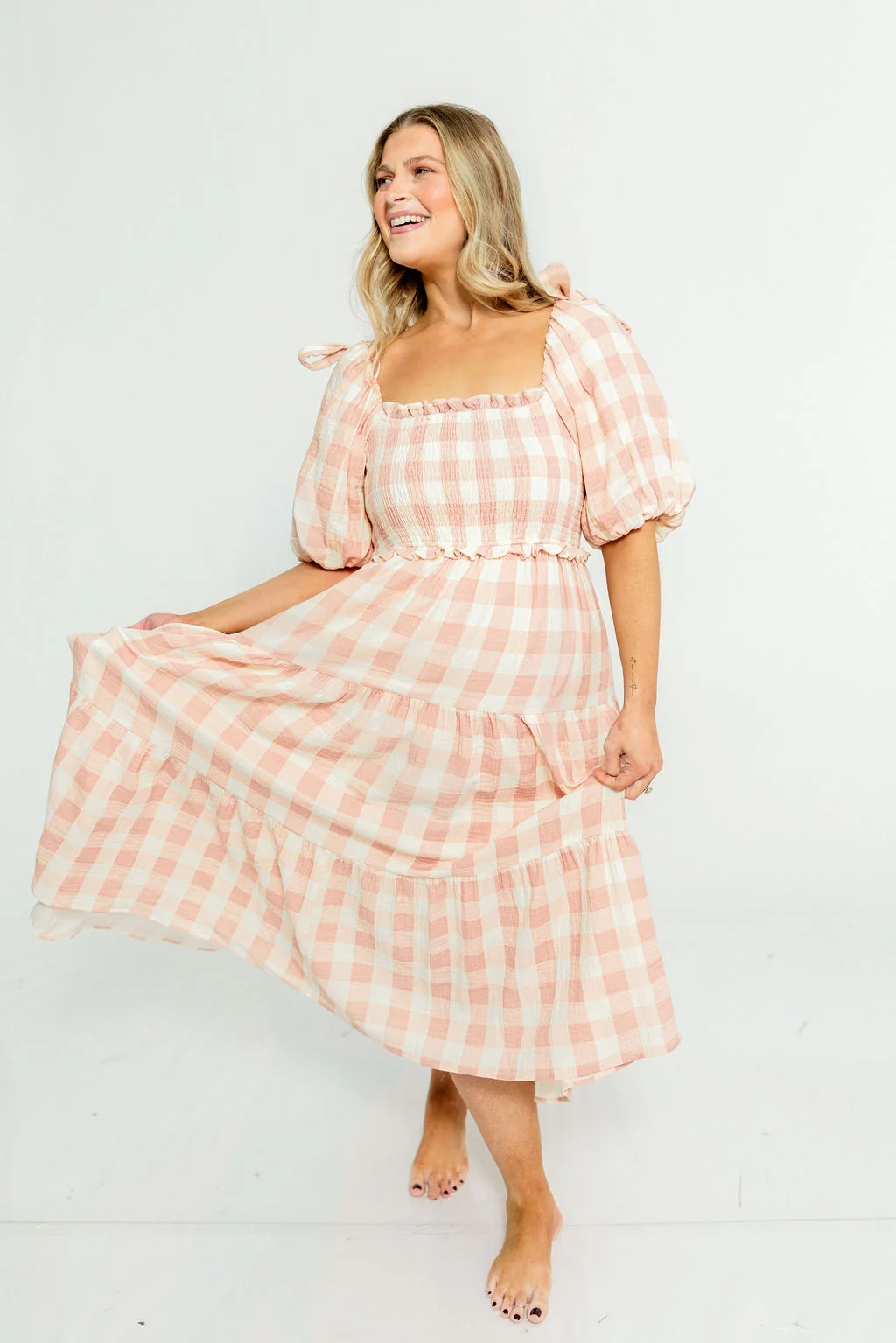 Elena 100% Cotton Gingham Midi Dress in Dusty Pink - Bump Friendly & Inclusive Sizing - Image 18
