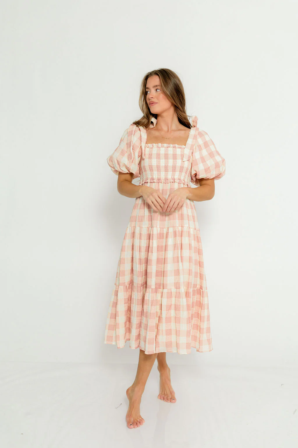 Elena 100% Cotton Gingham Midi Dress in Dusty Pink - Bump Friendly & Inclusive Sizing - Image 3