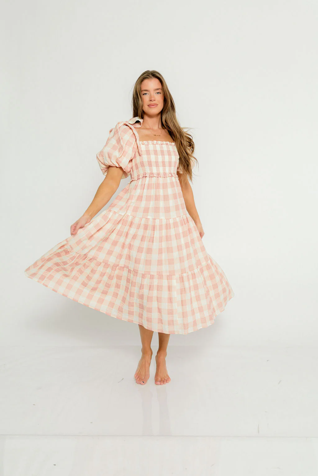Elena 100% Cotton Gingham Midi Dress in Dusty Pink - Bump Friendly & Inclusive Sizing - Image 5