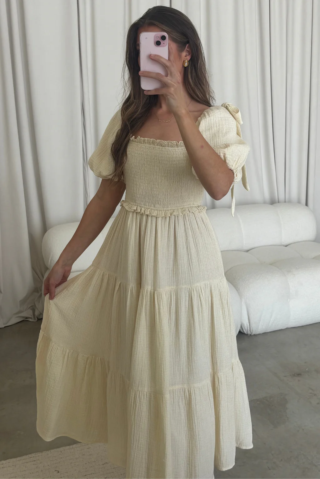 Elena 100% Cotton Midi Dress in Faded Grid - Bump Friendly - Image 11