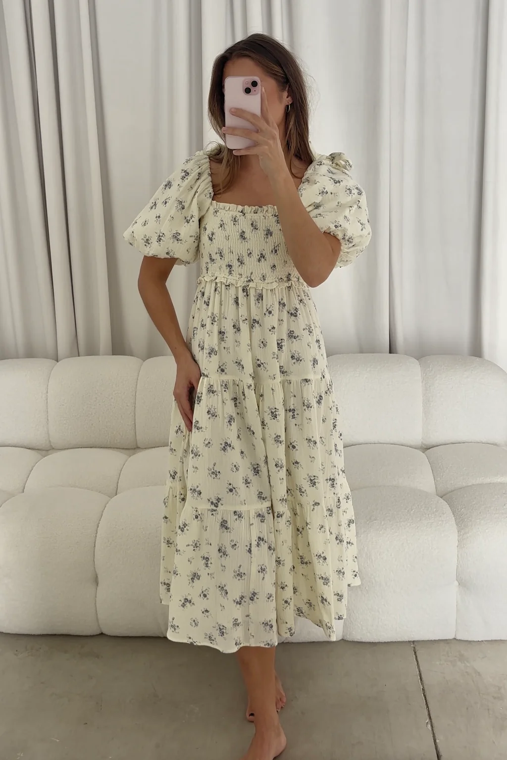 Elena 100% Cotton Midi Dress in Off White/Blue Floral - Bump Friendly - Image 2