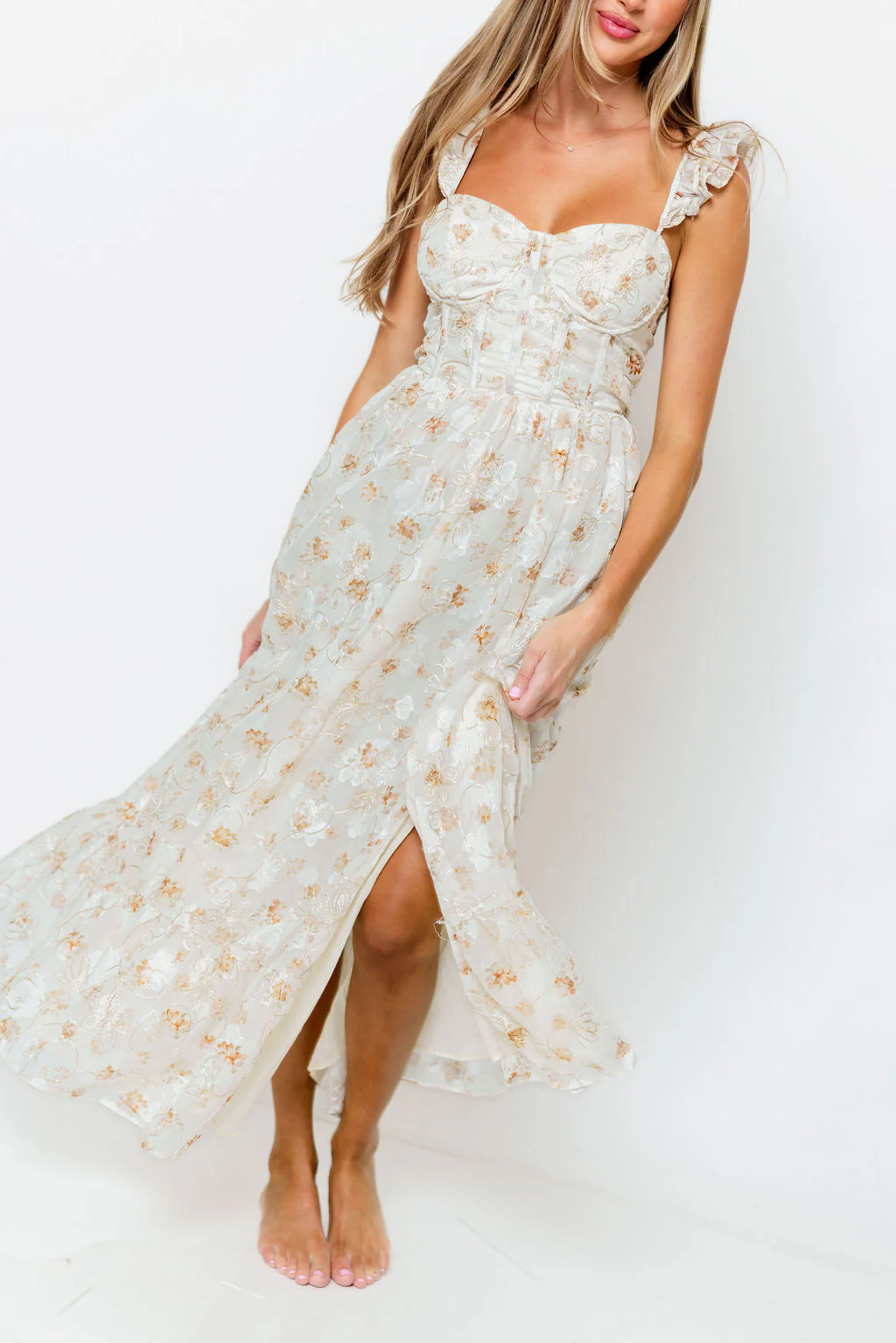 Kari Embroidered Floral Corset Dress in Ivory/Beige/Gold