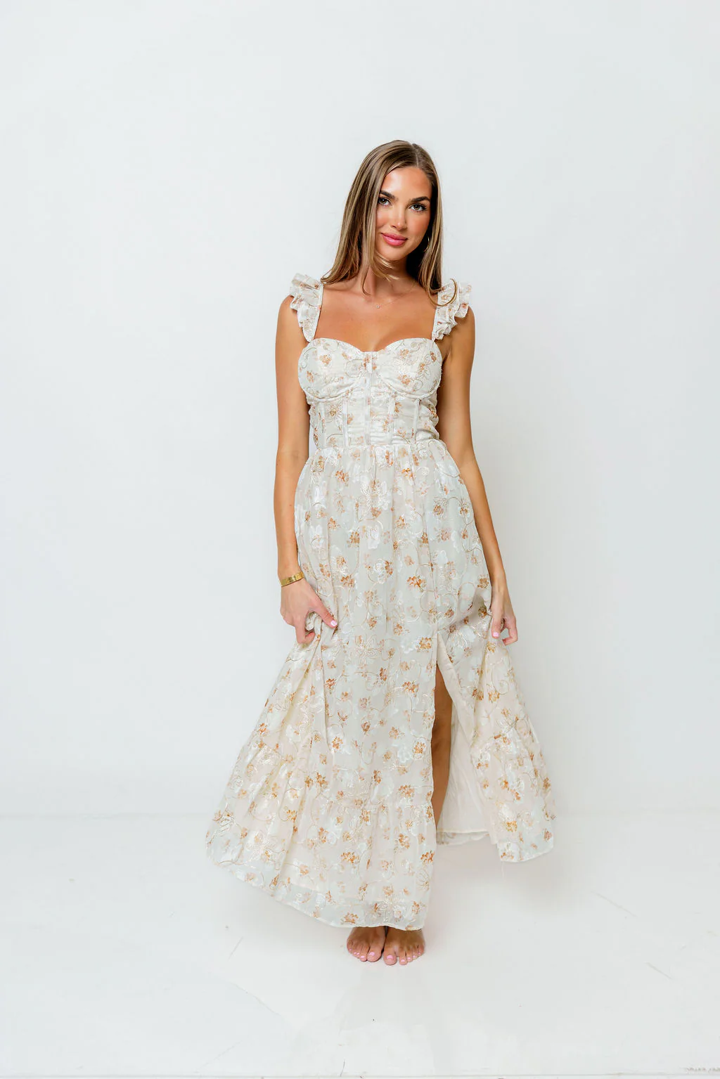 Kari Embroidered Floral Corset Dress in Ivory/Beige/Gold - Image 2
