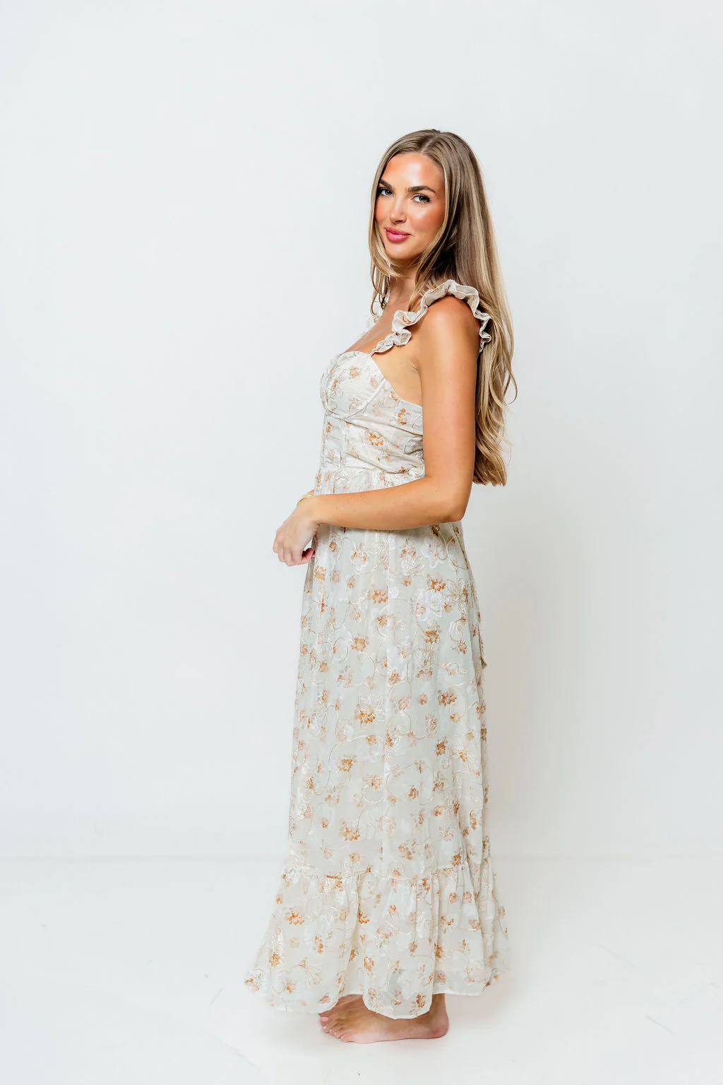 Kari Embroidered Floral Corset Dress in Ivory/Beige/Gold - Image 3