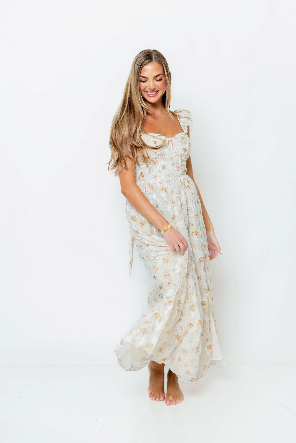 Kari Embroidered Floral Corset Dress in Ivory/Beige/Gold - Image 5