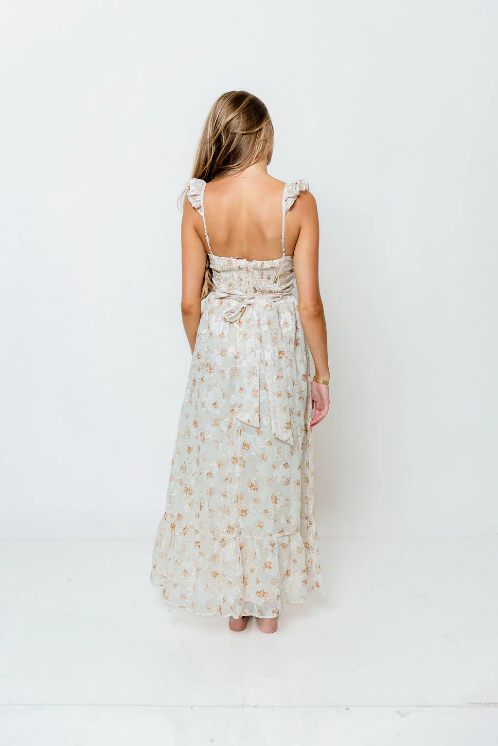 Kari Embroidered Floral Corset Dress in Ivory/Beige/Gold - Image 6