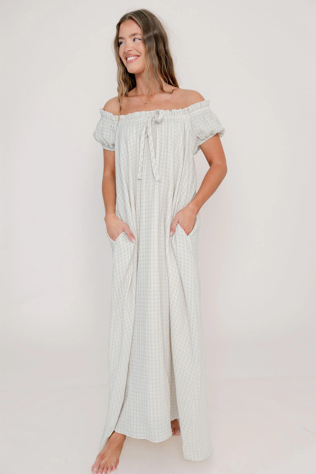 Ensley 100% Cotton Maxi Dress in Baby Blue Plaid - Bump Friendly - Image 3