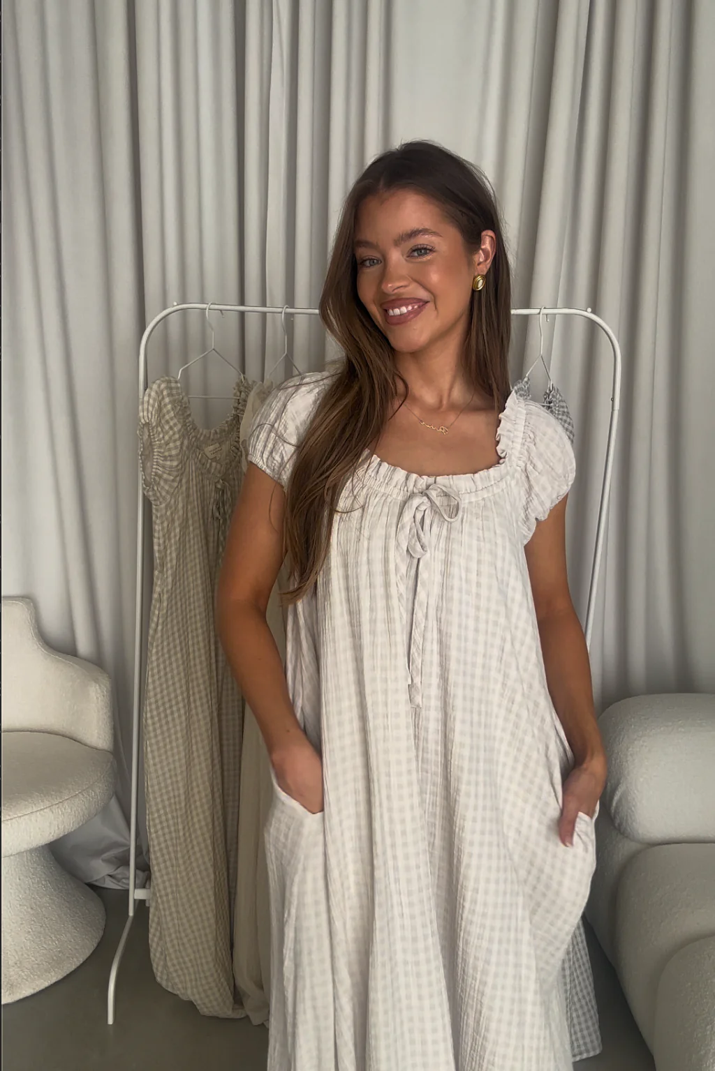 Ensley 100% Cotton Maxi Dress in Baby Blue Plaid - Bump Friendly - Image 9