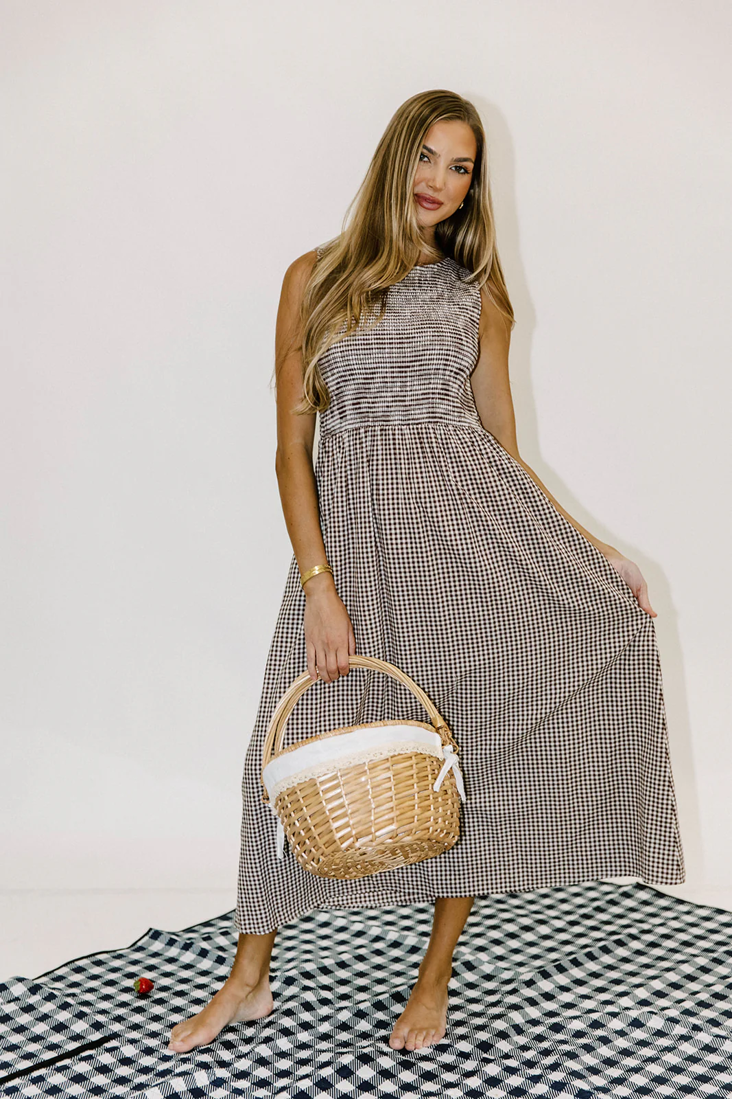 Leilani 100% Cotton Smocked Gingham Maxi Dress in Brown