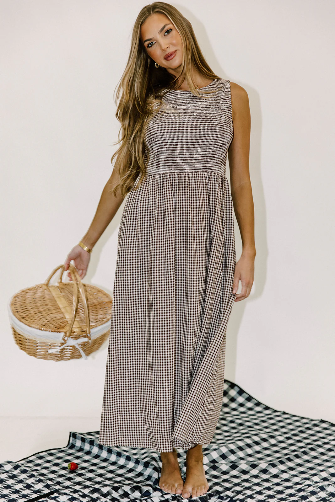 Leilani 100% Cotton Smocked Gingham Maxi Dress in Brown - Image 4