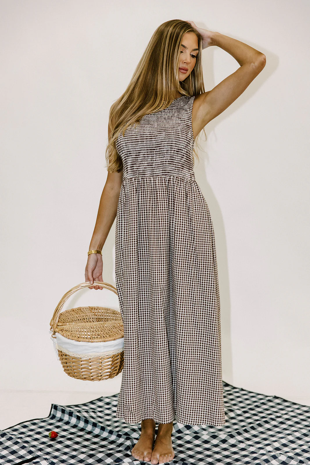 Leilani 100% Cotton Smocked Gingham Maxi Dress in Brown - Image 5