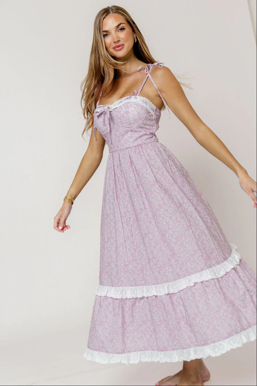 Felicia Lace Trim Floral Midi Dress in Pink - Image 5